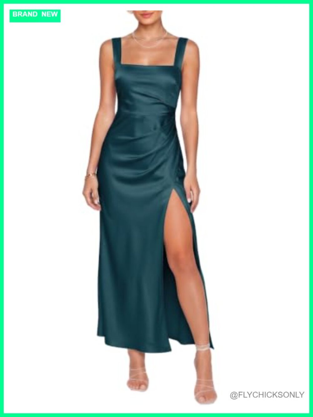 Satin Maxi Dress Square Neck Ruched Side Slit Formal Party